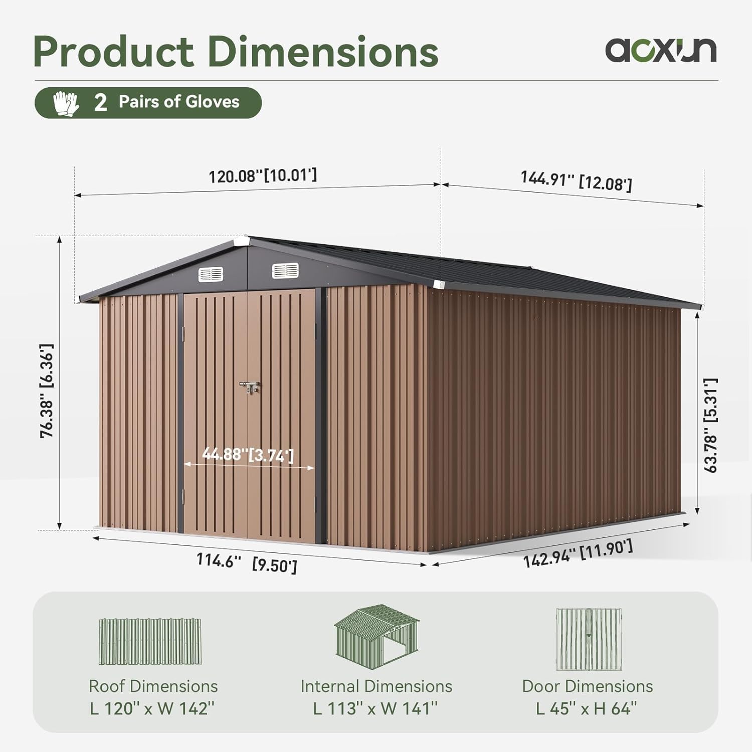 Aoxun 10 x 12FT Outdoor Storage Shed with Double Hinged Large Door Utility Garden Shed with Lockable Door & Sloped Roof Metal Sheds Outdoor Storage for Garden  Backyard  Patio and Backyard  Brown