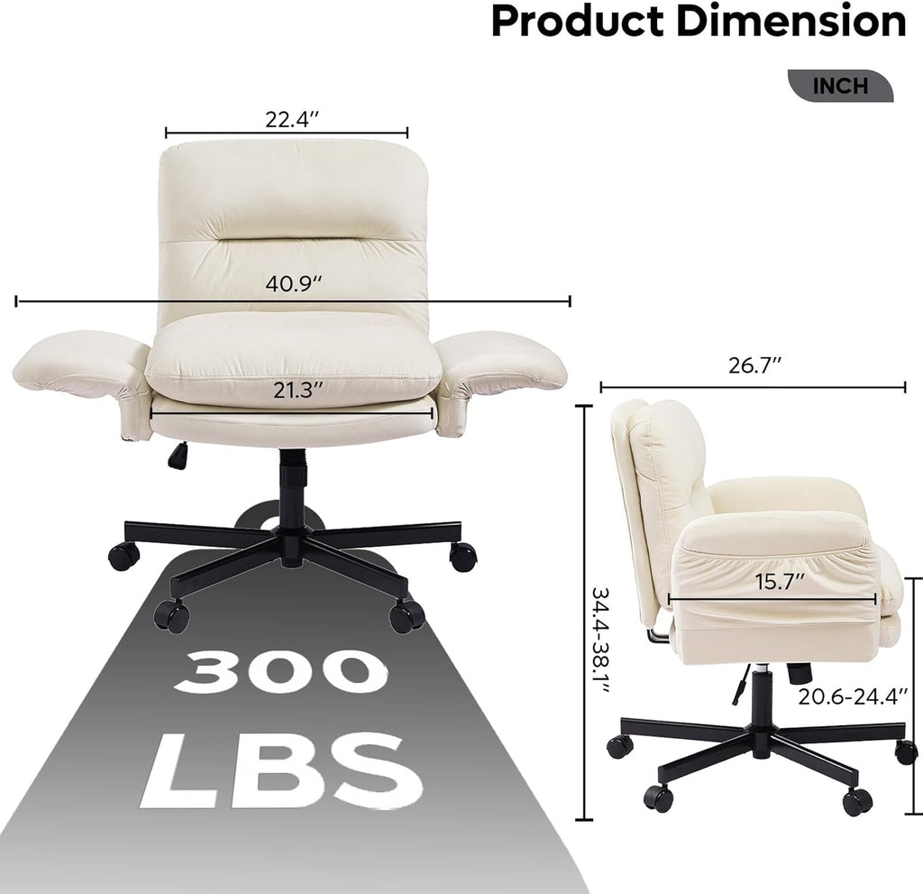 Bestier Criss Cross Office Chair with Flip-Up Arms, Vanity Comfy Chair with Thick Cushion & Wheels, Cross Legged Office Chair for Home Office, Bedroom, Beige Velvet