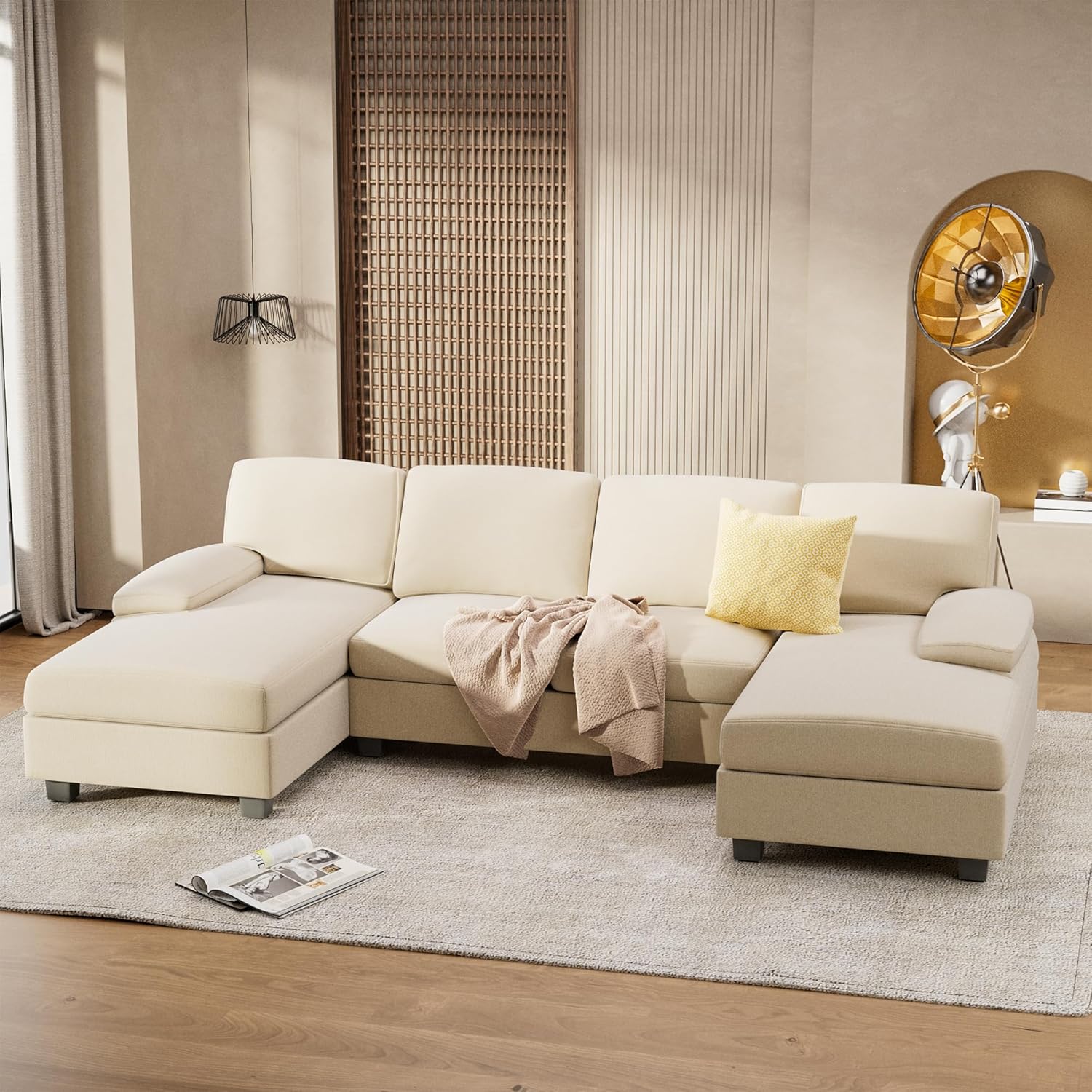 Furniwell Convertible Sectional Sofa Couch, 4 Seat Sofa Set for Living Room U-Shaped Modern Fabric Modular Sofa Sleeper with Double Chaise & Memory Foam (Fabric, White)