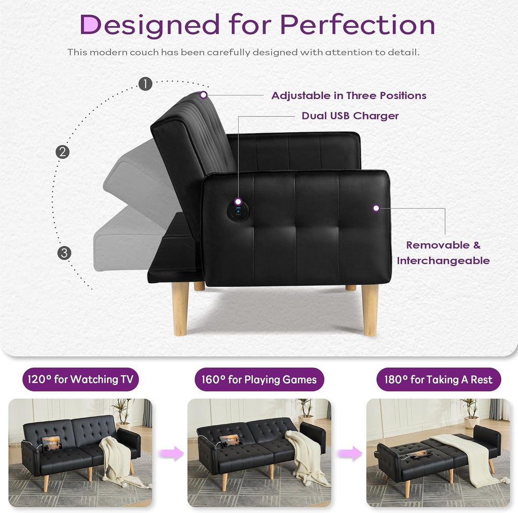 TYBOATLE Faux Leather Convertible 65'' Folding Futon Sofa Bed w/ 2 USB, Loveseat for Small Space, Apartment, Dorm, Living Room, Office, Black