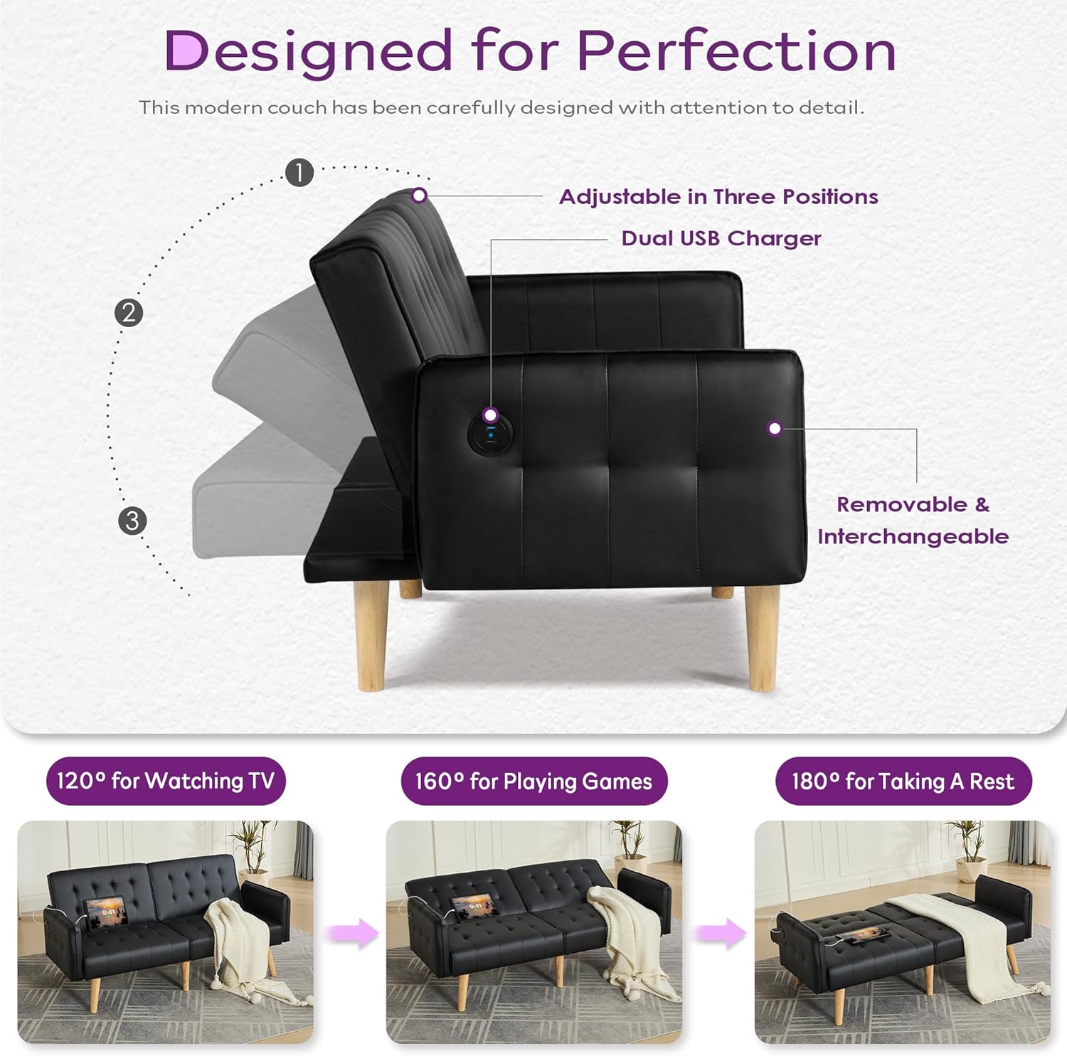 TYBOATLE Faux Leather Convertible 65'' Folding Futon Sofa Bed w/ 2 USB, Loveseat for Small Space, Apartment, Dorm, Living Room, Office, Black