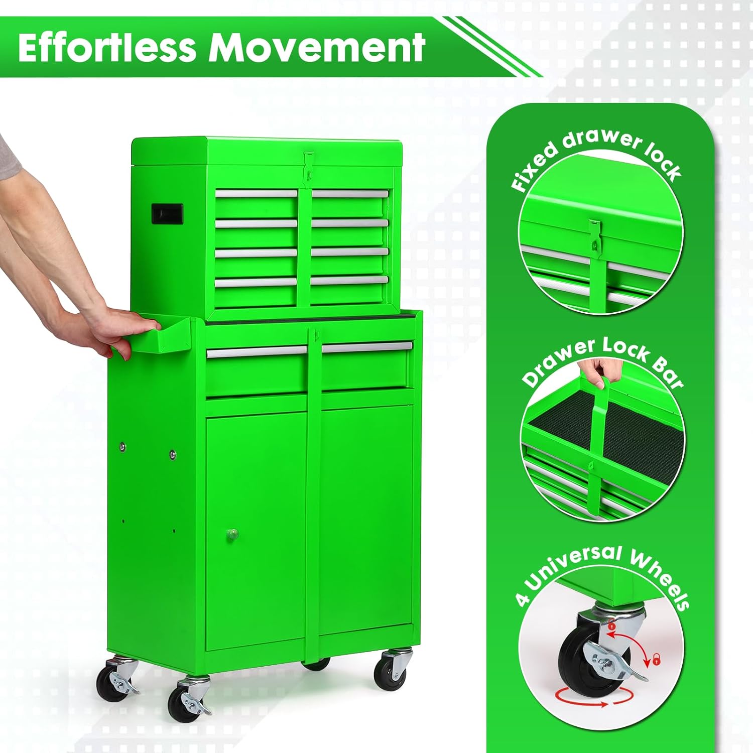 Dawmilon 5-Drawer Rolling Tool Chest, 2-in-1 Tool Box Organizer with Lockable Wheels, Sliding Drawers, and Detachable Top, Garage Workshop Tool Storage Cabinet, Green
