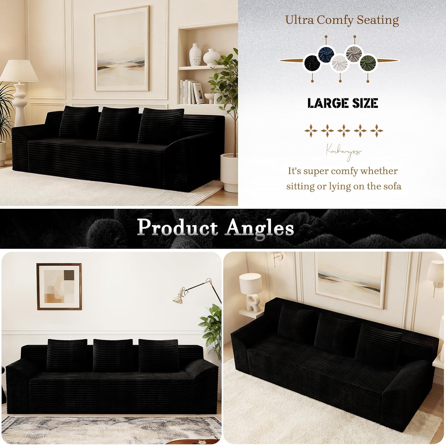 71" Corduroy Living Room Sofa, 3 Setaser Deep Seat Couch with 3 Lumbar Pillows, Comfy Boneless Sofa Modern Compressed Couch for Bedroom, Office, Apartment, No Assembly, Curved Armrests (Black)