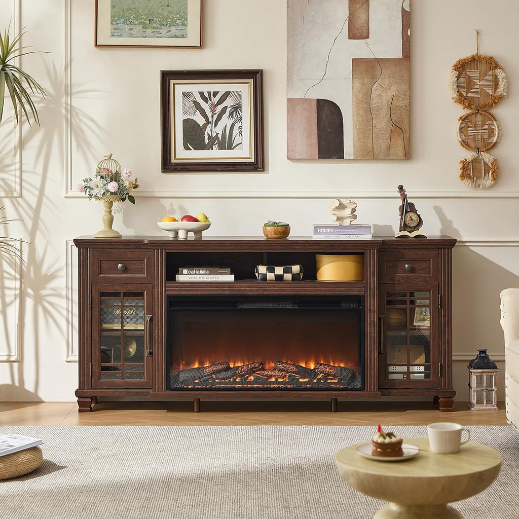 70" Fireplace TV Stand with 36”Silent Electric Fireplace, Farmhouse Entertainment Center for TVs up to 80", 2 Drawers TV Console with Glass Door Cabinet, Walnut TVs Cabinet for Living Room