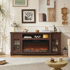 70" Fireplace TV Stand with 36”Silent Electric Fireplace, Farmhouse Entertainment Center for TVs up to 80", 2 Drawers TV Console with Glass Door Cabinet, Walnut TVs Cabinet for Living Room