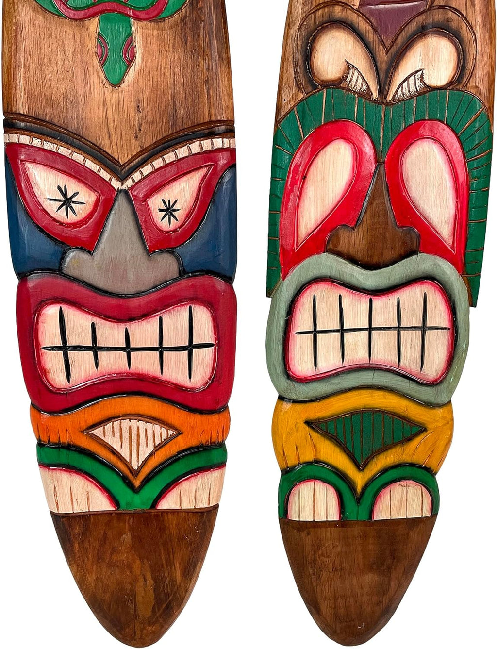 Set of 2 Wooden Tiki Surfboard Wall Decor, 39" Hand-Carved Surfboards with Sea Turtle and Palm Tree Designs, Hand-Painted Tropical Wall Art, Coastal Beach House Accent, Rustic Bar or Patio Hanging