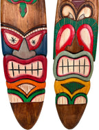 Set of 2 Wooden Tiki Surfboard Wall Decor, 39" Hand-Carved Surfboards with Sea Turtle and Palm Tree Designs, Hand-Painted Tropical Wall Art, Coastal Beach House Accent, Rustic Bar or Patio Hanging