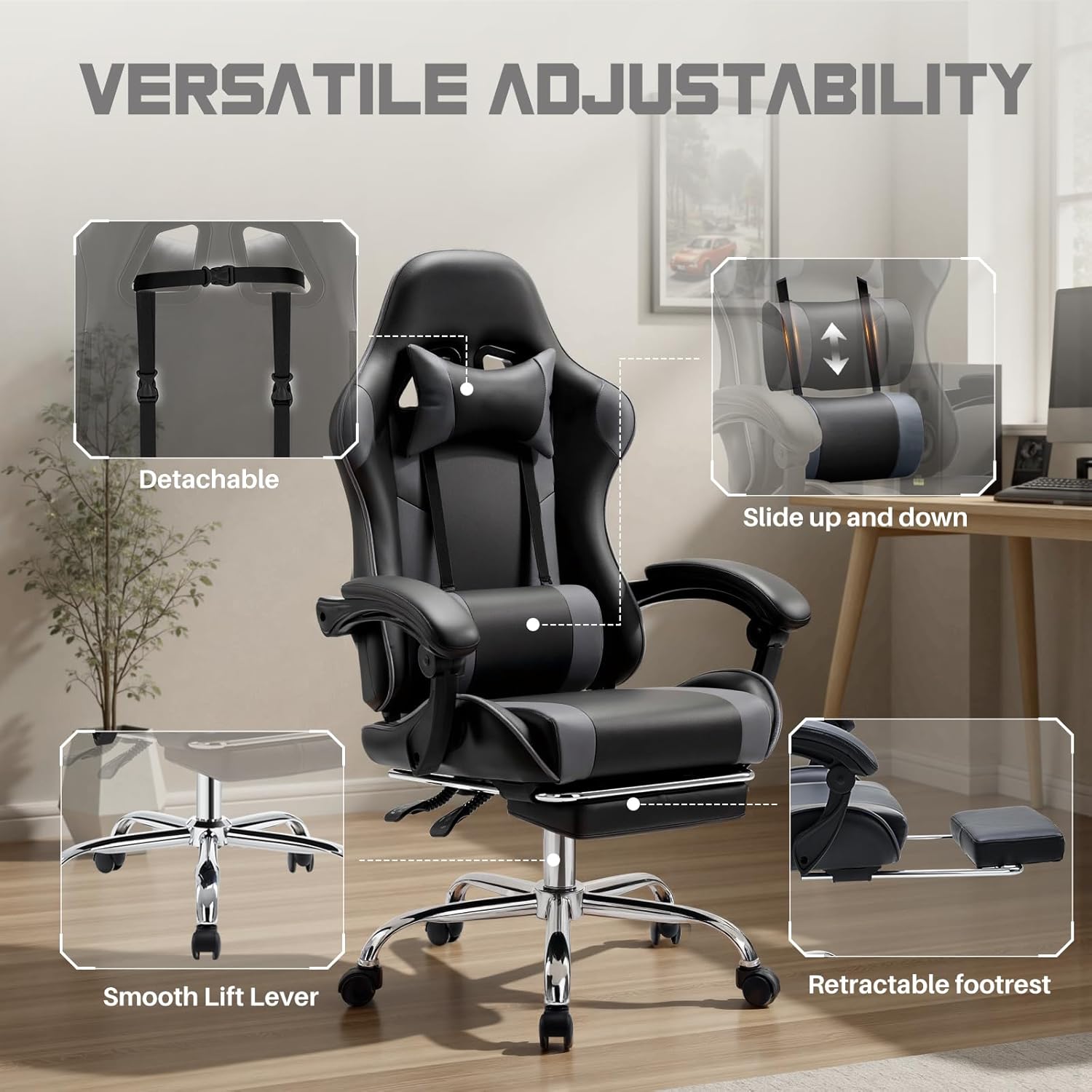 DUMOS Ergonomic Gaming Office Desk Chair with Footrest and Headrest for Adults, PU Leather Video Computer Chair with Linkage Armrests, Height Adjustable 360° Swivel Recling Chair, Black Grey