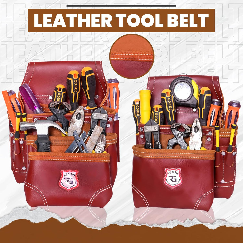 Professional 11 Pockets Leather Tool Pouch Bags/Carpenter Tool Belt Set | Heavy-duty Drywall Pouch, Electrician Pouch, And Framing Tool Belt Pouches (Maroon, Standard)