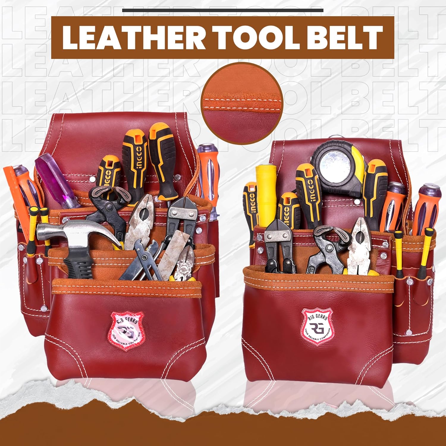 Professional 11 Pockets Leather Tool Pouch Bags/Carpenter Tool Belt Set | Heavy-duty Drywall Pouch, Electrician Pouch, And Framing Tool Belt Pouches (Maroon, Standard)