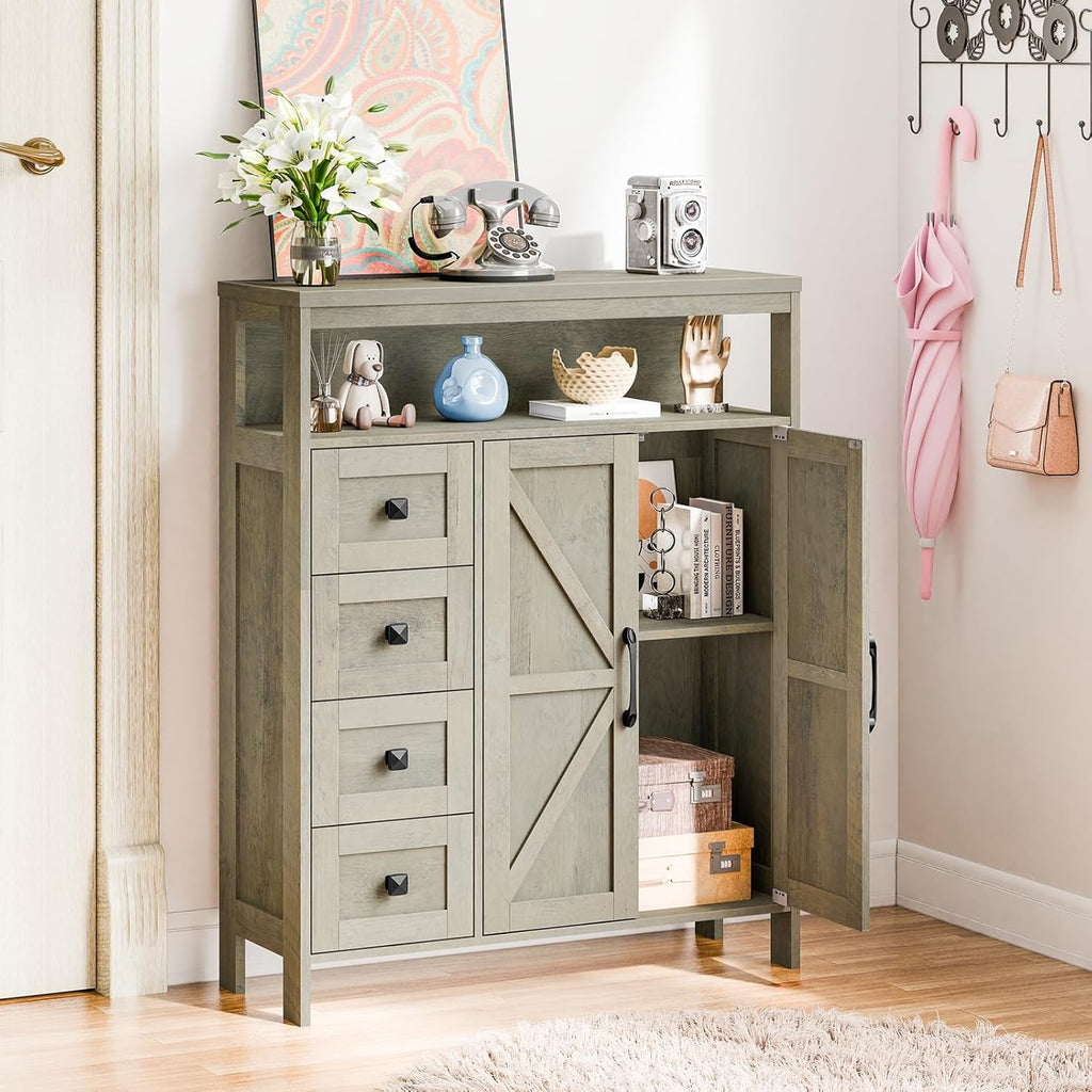 Vabches Farmhouse Storage Cabinet with 2 Doors and 4 Drawers, Freestanding Bathroom Storage Cabinet Kitchen Pantry Cabinet, Floor Cabinets Hutch Cupboard for Kitchen/Living Room/Bathroom.Grey Oak.