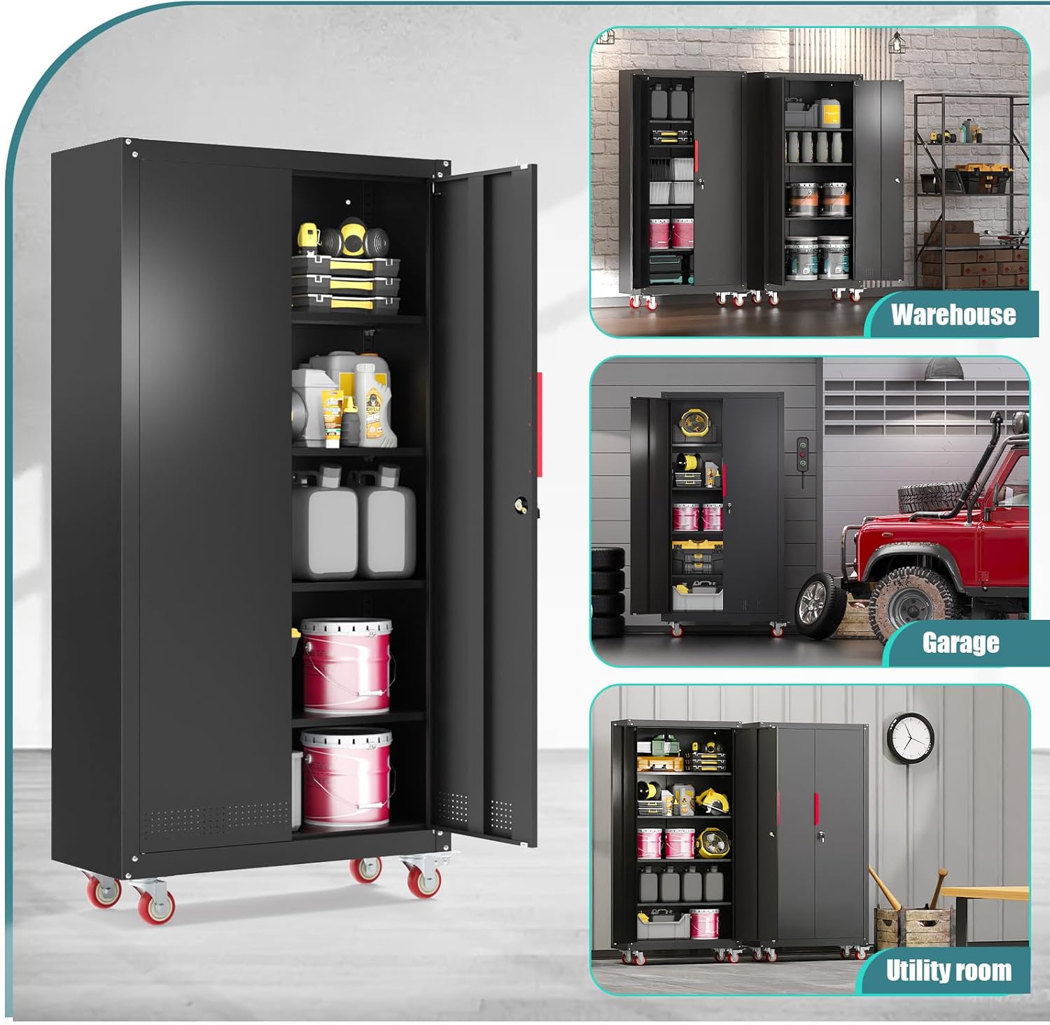 Eltean Metal Garage Cabinets with Wheels| 71" Steel Lockable Garage Storage Cabinet with 4 Adjustable Shelves, Heavy-Duty Tool Storage Cabinet for Home, Basement, Workshop (Black)