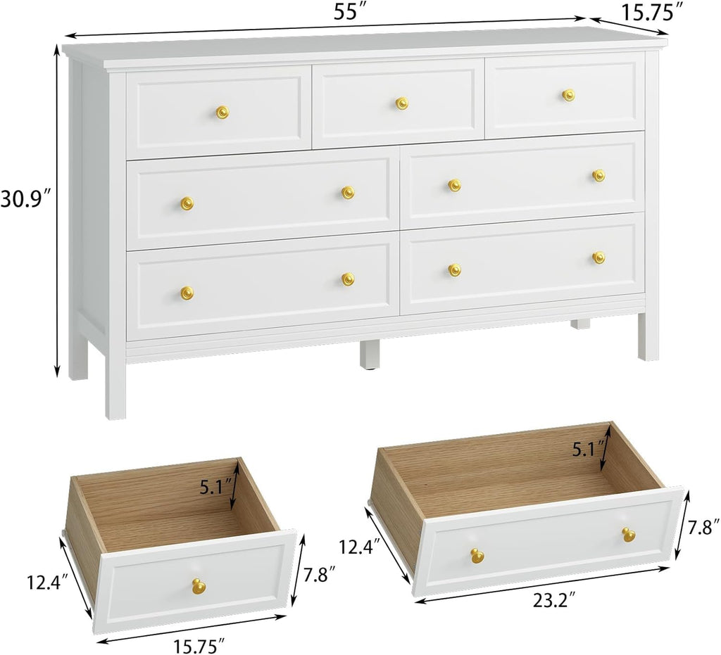 CARPETNAL White Dresser for Bedroom, 7 Drawer Dresser with Wide Drawers and Gold Metal Handles, 55" White and Gold Dressers TV Stand, Modern Dressers & Chests of Drawers for Hallyway, Entryway.