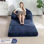 MAXYOYO Folding Sofa Bed, 2 in 1 Convertible Sofa to Lounger Comfy Single Bean Bag Chair for Adults, Floor Sleeper Couch with Handle, Faux Fur Couch Bed for Living Room Bedroom, Navy