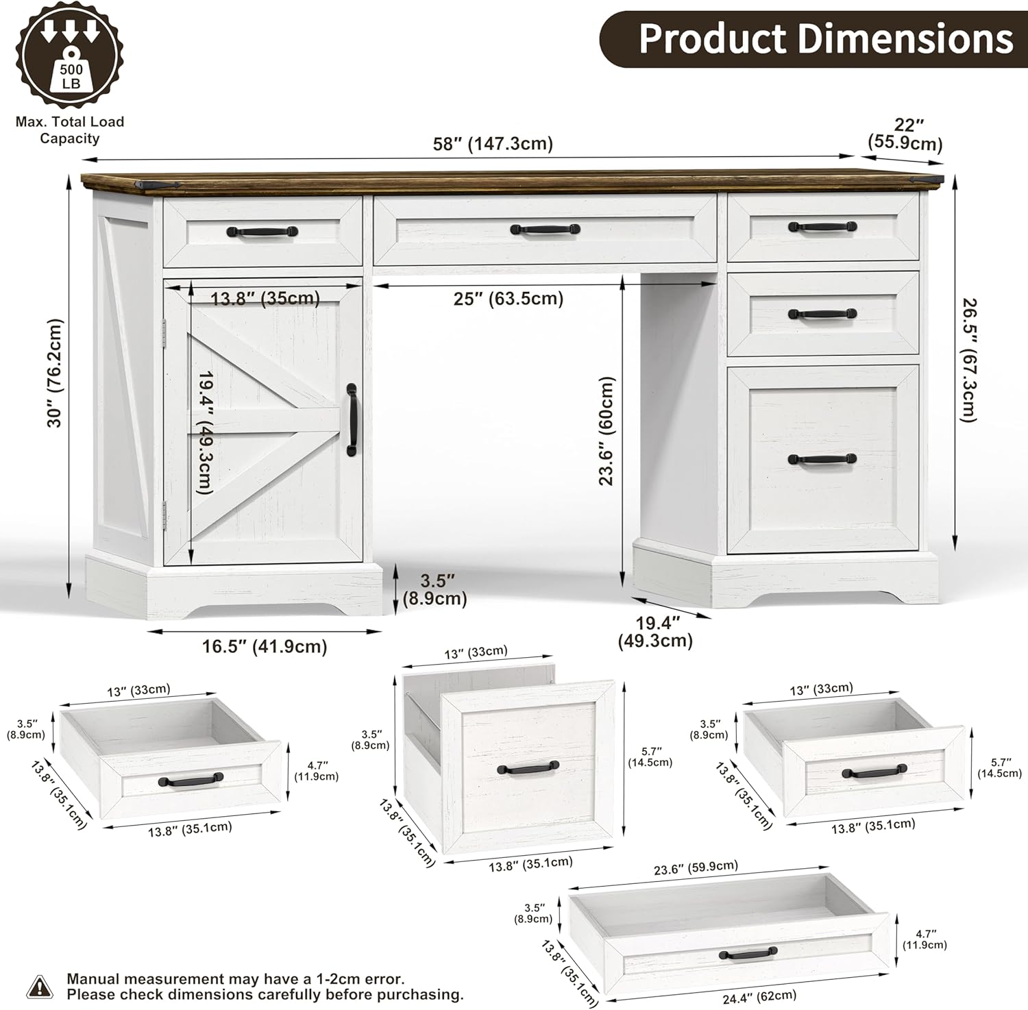 58" Farmhouse Executive Desk Modern Computer Desk with Drawers and File Cabinet Wooden Office Desk for Home Office Workspace with Storage for Working, Studying, Writing (Antique White)