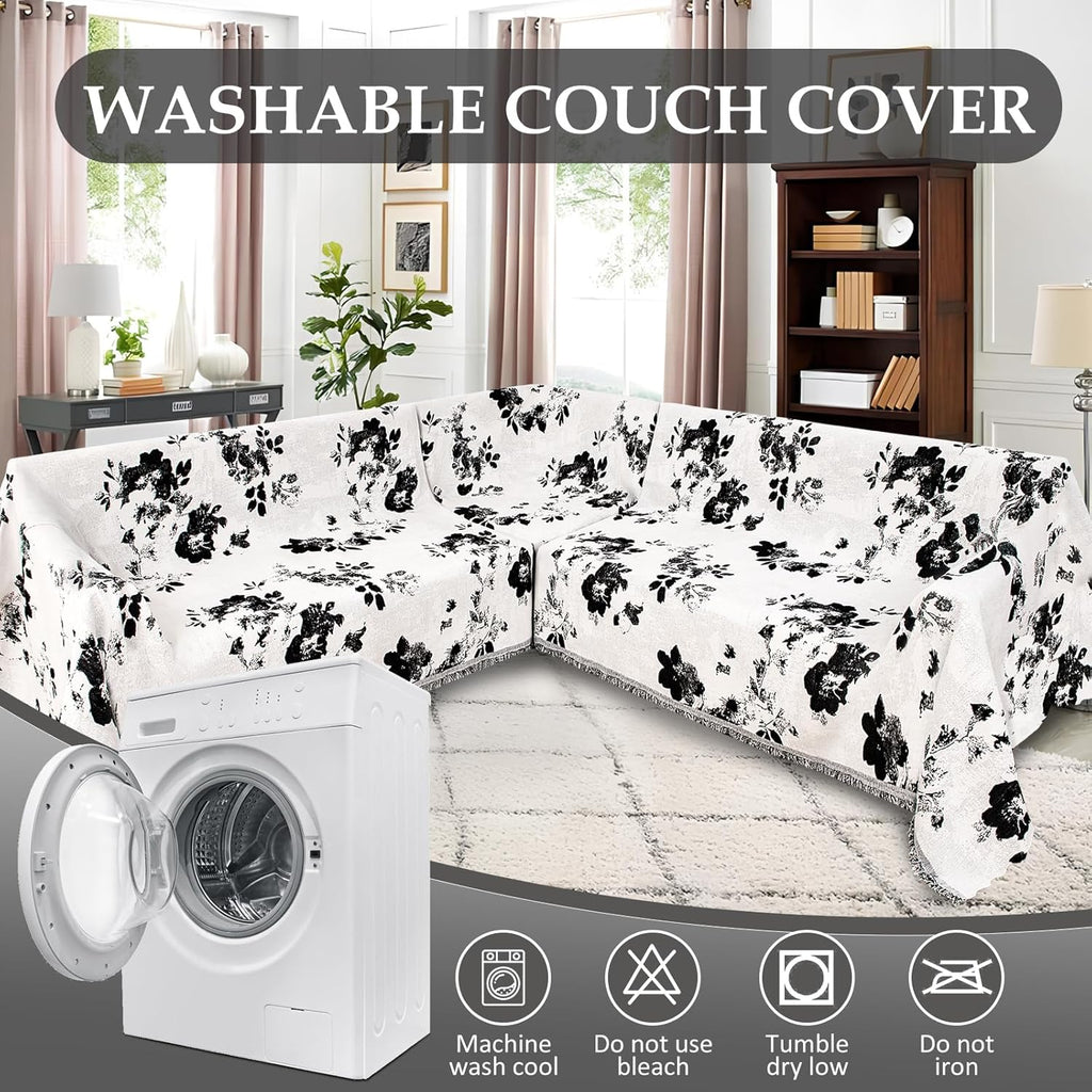 1OO% Waterproof Sectional Couch Covers for Dogs L Shaped Corner Sofa Cover Washable Chenille Sofa Slipcovers Blanket Modern Jacquard Pet Furniture Protector (91"x252", Black Flower)