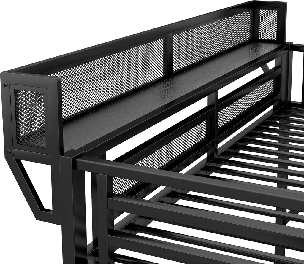 KEIKI Full Size Metal Loft Bed Frame with Convertible Staircase, Built-in Storage Shelves and Wardrobe, Loft Bed with Solid Slats, Guardrail, No Box Spring Required, Easy Assembly, for Bedroom, Black