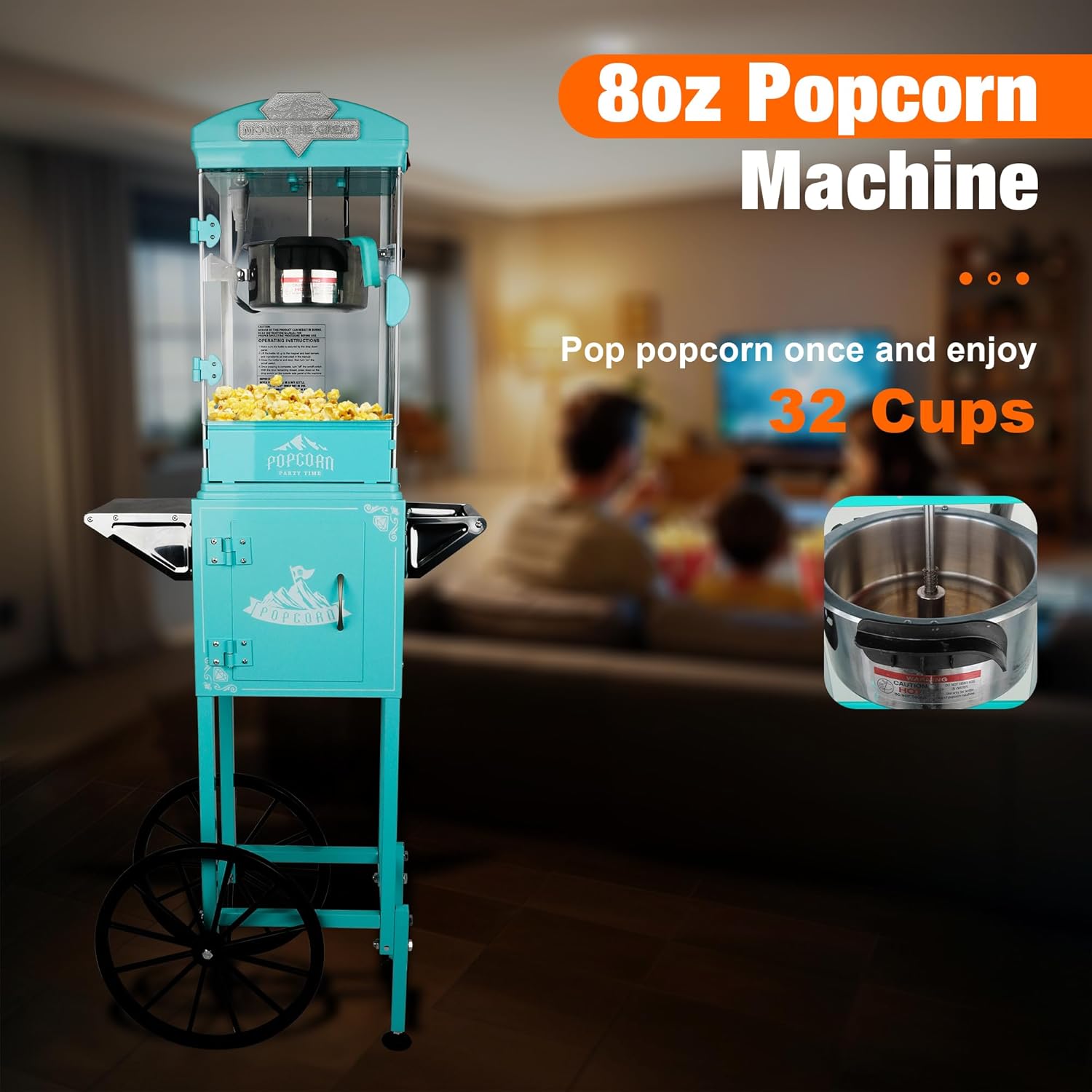 8 Oz Popcorn Machine with Cart (Cyan) - Vintage Popcorn Maker - One Touch Operation, Makes Up to 30 Cups for Movie Nights, Party, Events
