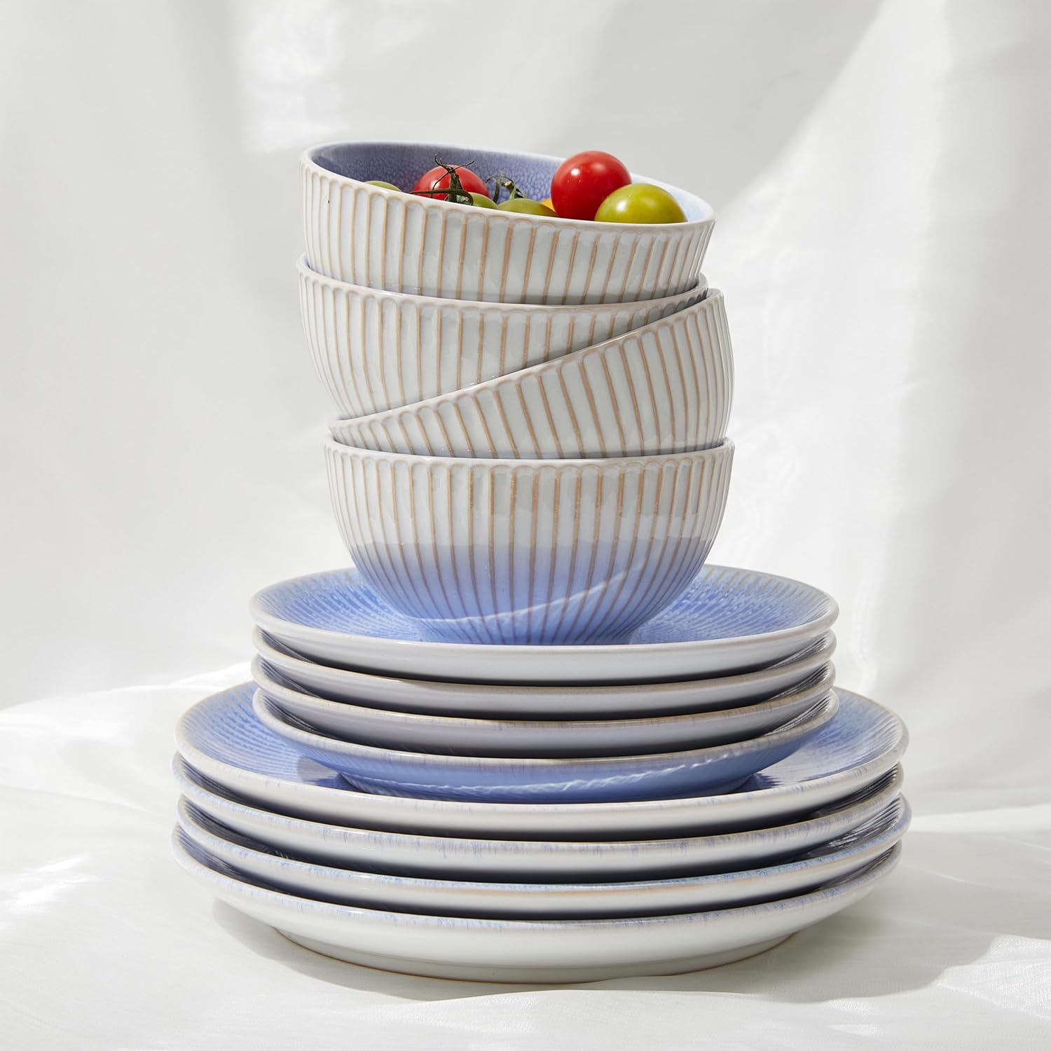 Pokini Ceramic Dinnerware Sets, Handmade Reactive Glaze Plates and Bowls Sets, Highly Chip and Crack Resistant Dish Set, Distinctive Granulated Surface Dishwasher & Microwave Safe Service for 4