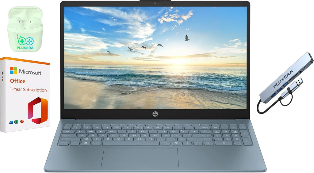 HP 15.6" Business Laptop with Microsoft Office 365  16GB RAM 128GB UFS  Quad-Cores Intel Processor  Windows 11  PLUSERA Earphones & 8-in-1 Hub Included  Moonlight Blue