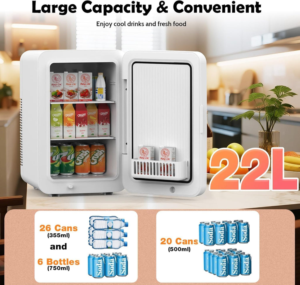 Kikihuose 12L/22L Mini Fridge for Bedroom, Personal Small Refrigerator for Skin Care, Cosmetics, 110V/12V Portable Refrigerator Cooler & Warmer for Drinks, Food, Beauty, Makeup, Dorm, Car, Office