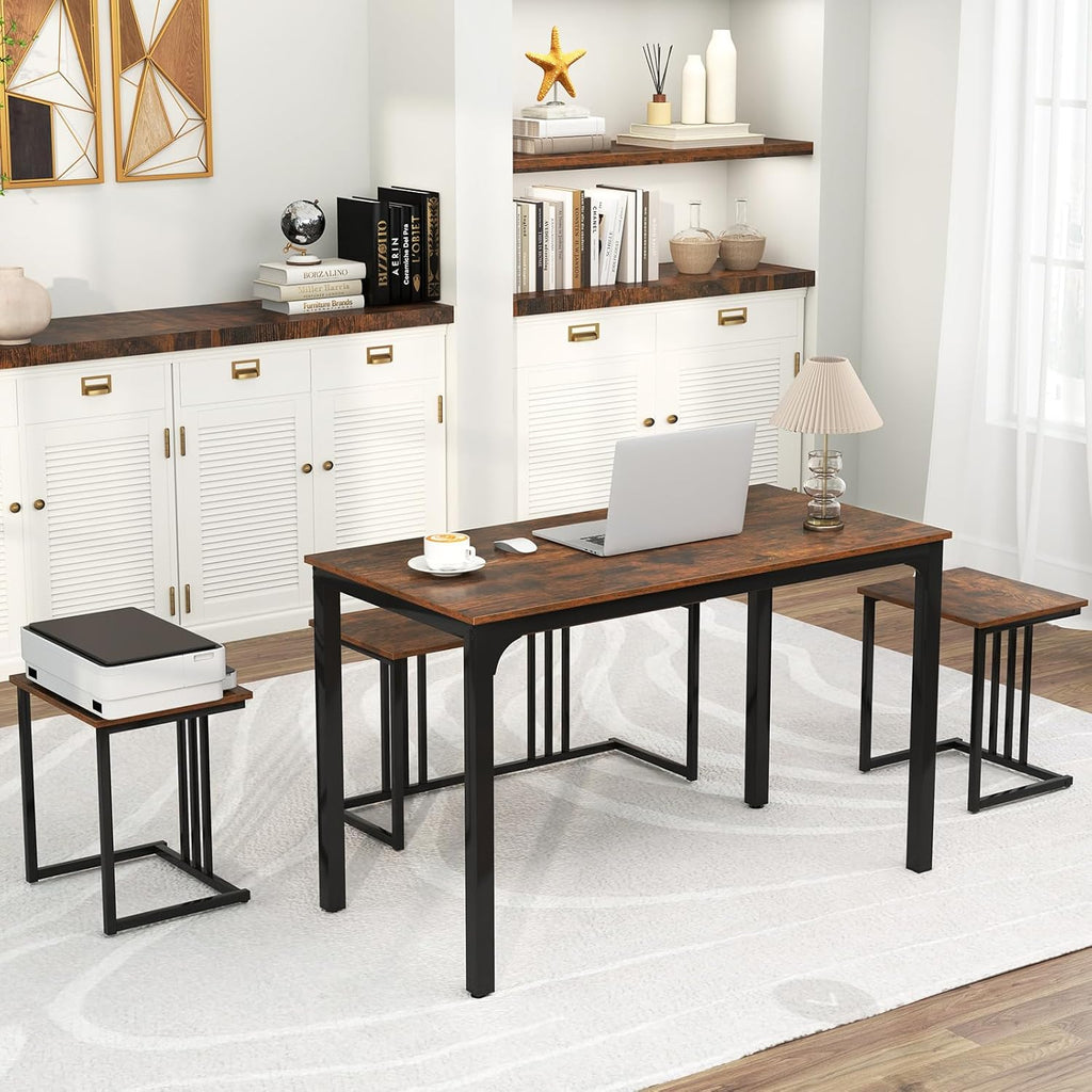 Giantex 4-Piece Dining Table Set for 4, Modern Kitchen Table and Chairs, Nesting Furniture Set with Bench & 2 Stools, Space-Saving Desk Set, Dinette Set for Small Place, Dining Room Restaurant (Brown)