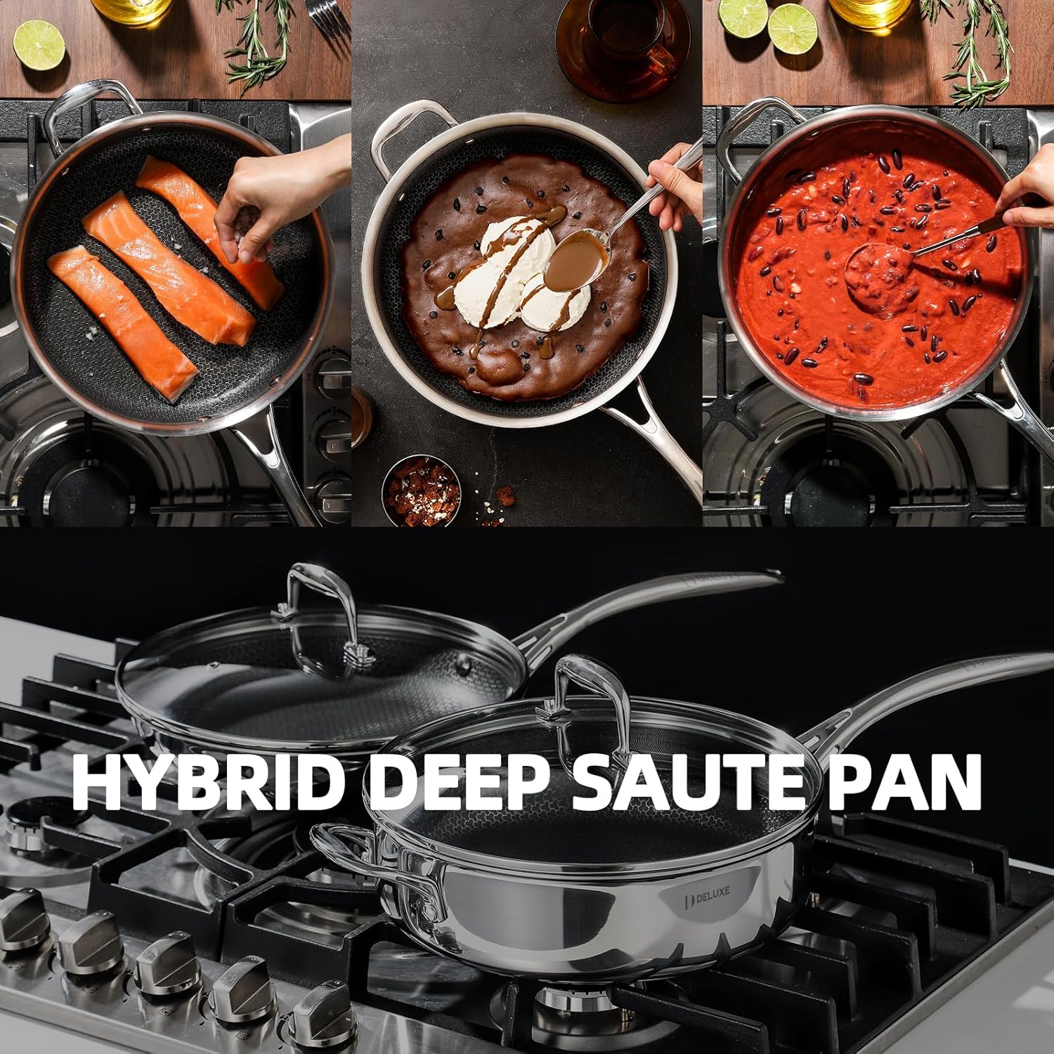 Deluxe 13 Piece Hybrid Ceramic Nonstick Stainless Steel Cookware Set-5 Piece Frying Pan Set, 6 PC Pot Set, 3.7QT Deep Sauté Pan&Lid, Induction Ready, Stay Cool, PFOA Free Compatible with All Cooktops