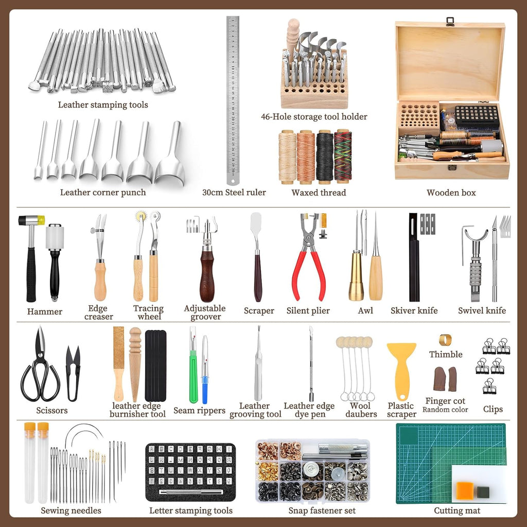 424 Pcs Leather Working Tools Leather Tools Leathers Tooling Kit Leathers Hole Punch Tool with Instructions, Sewing Kit, Wooden Storage Box, Stamping Set