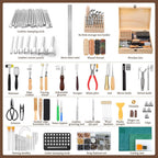 424 Pcs Leather Working Tools Leather Tools Leathers Tooling Kit Leathers Hole Punch Tool with Instructions, Sewing Kit, Wooden Storage Box, Stamping Set