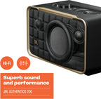 JBL Authentics 200 - Retro Style Smart Home Speaker with Built in Wi-Fi  Bluetooth and Voice Assistants  Alexa and Google Assistant  Multi-Room Playback  Automatic self tuning (Black/Gold)
