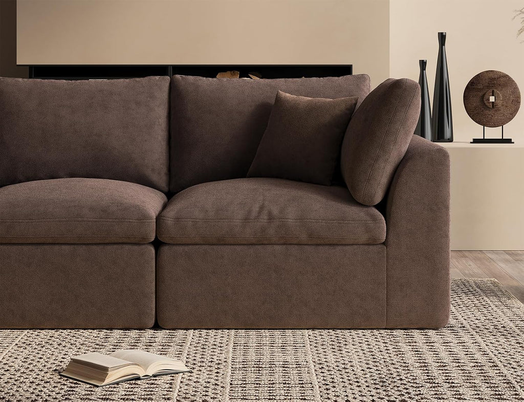 110" Cloud Sectional Couches for Living Room, Boneless L-Shape Couch with Ottoman, 3 Seater Modular Sectional Sofa, Brown