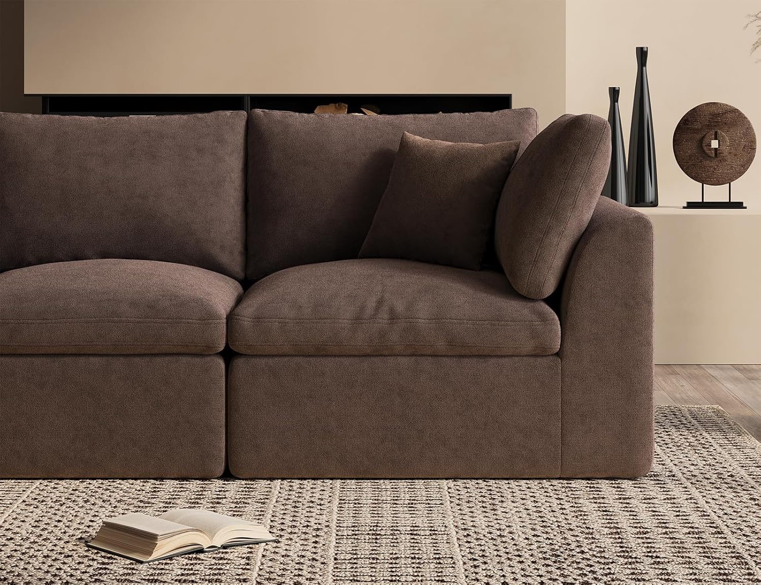 110" Cloud Sectional Couches for Living Room, Boneless L-Shape Couch with Ottoman, 3 Seater Modular Sectional Sofa, Brown