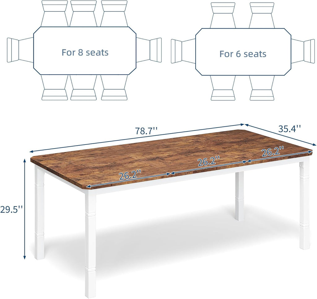 IDEALHOUSE 79" Dining Table for 6-8 People, Modern Rectangular Kitchen Table with Sturdy Metal Legs, Large Wood Farmhouse Dining Room Table for Home Office, Conference, White & Retro