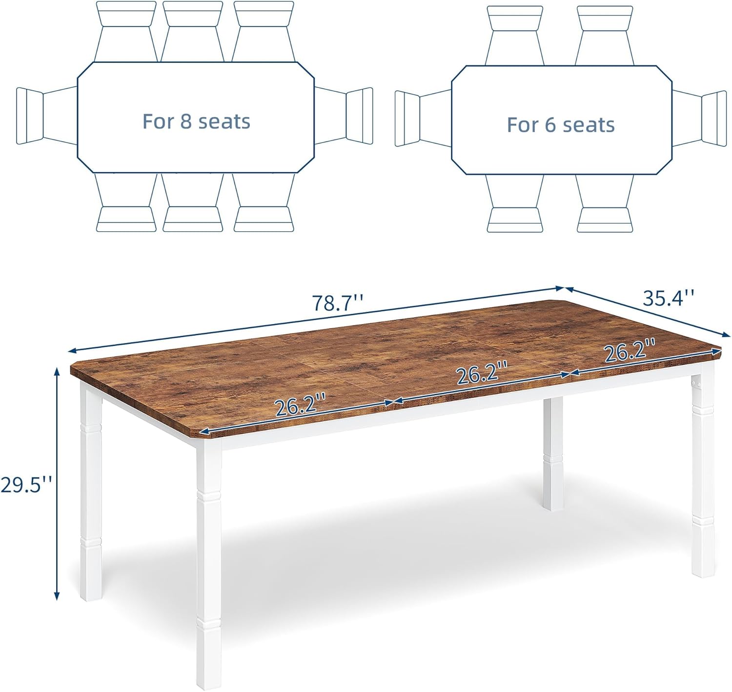IDEALHOUSE 79" Dining Table for 6-8 People, Modern Rectangular Kitchen Table with Sturdy Metal Legs, Large Wood Farmhouse Dining Room Table for Home Office, Conference, White & Retro