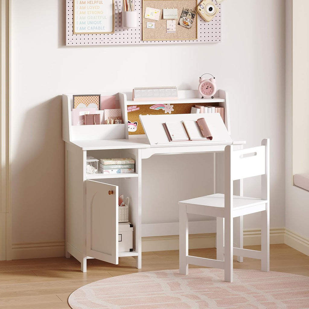 Treocho Kids Study Desk and Chair Set, Kids Desk with Hutch and Tiltable Desktop for 3-8 Years Old, Wooden Children Study Table with Storage Cabinet, Student Writing Desks Bedroom, Home School, White