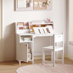 Treocho Kids Study Desk and Chair Set, Kids Desk with Hutch and Tiltable Desktop for 3-8 Years Old, Wooden Children Study Table with Storage Cabinet, Student Writing Desks Bedroom, Home School, White