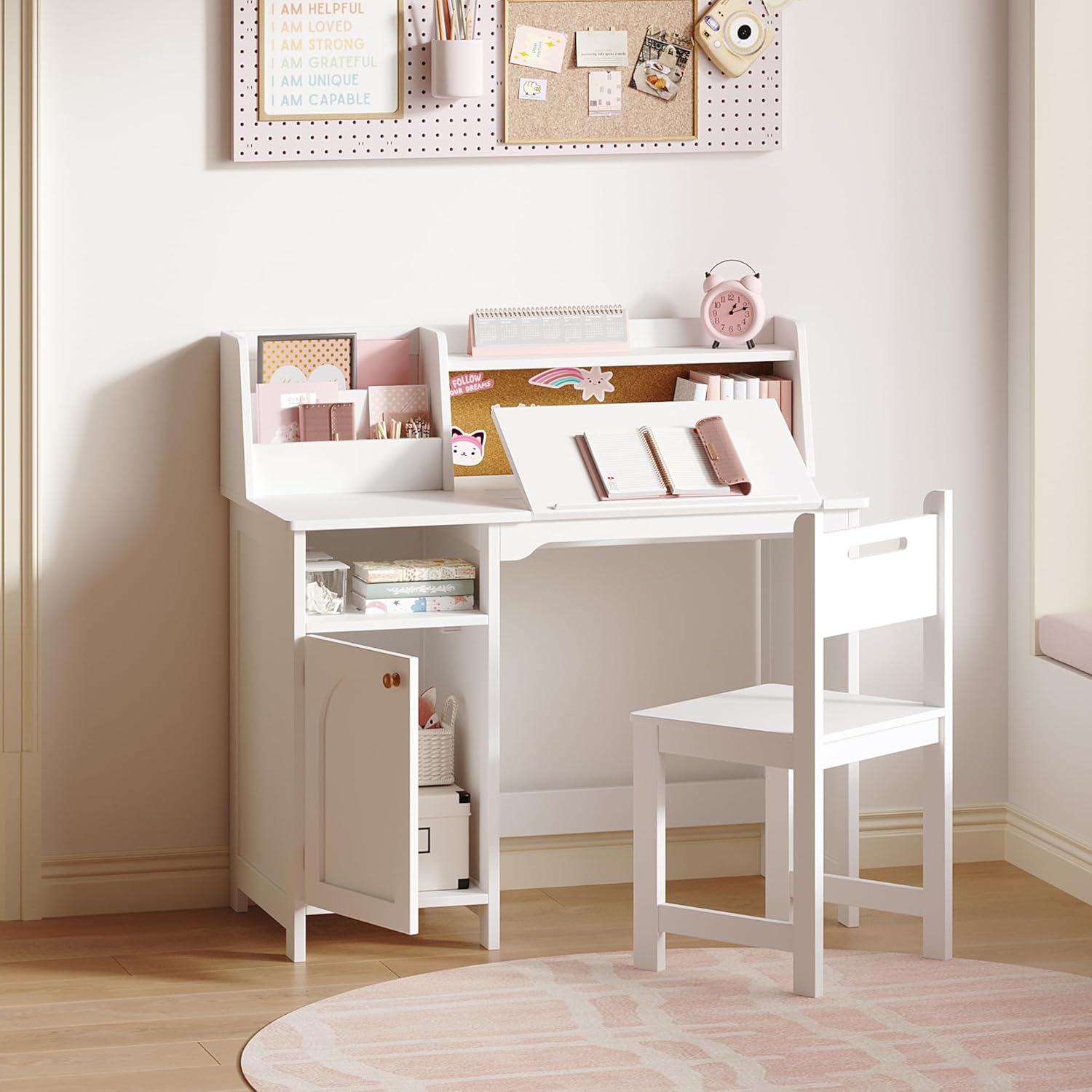 Treocho Kids Study Desk and Chair Set, Kids Desk with Hutch and Tiltable Desktop for 3-8 Years Old, Wooden Children Study Table with Storage Cabinet, Student Writing Desks Bedroom, Home School, White