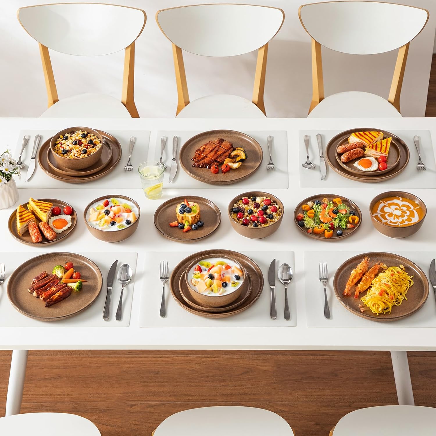 vancasso Plates and Bowls Sets, 18 Pieces Modern Ceramic Dinnerware Set for 6, Dish Set for Kitchen, Dinner Set Stoneware Dishware Set Microwave and Dishwasher Safe, Brown, Series ZERMATT