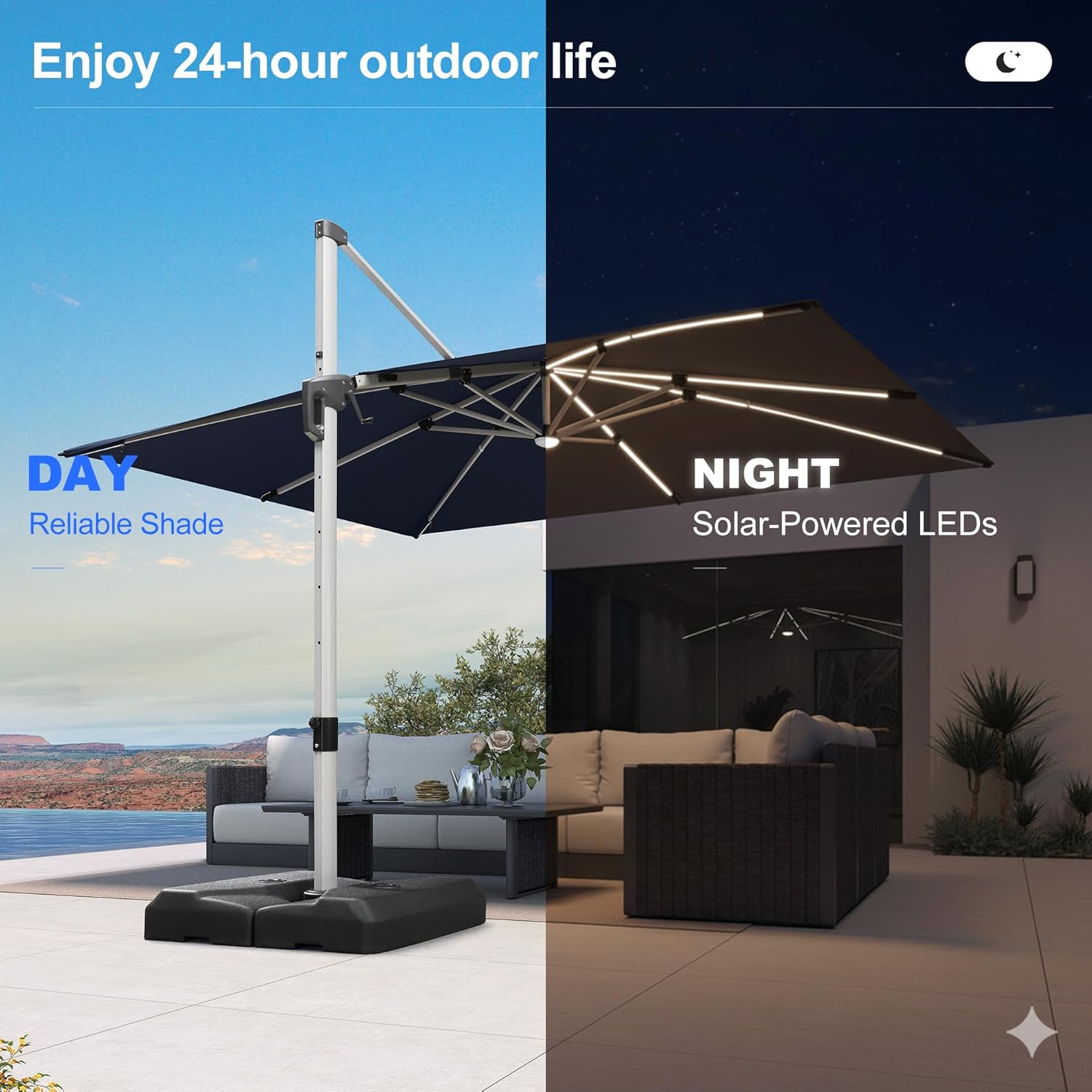 PURPLE LEAF 9' X 12' Patio Umbrella with Lights Outdoor Rectangle Cantilever Umbrella Solar Powered LED with 360-degree Rotation for Garden Deck Pool Patio, Navy Blue