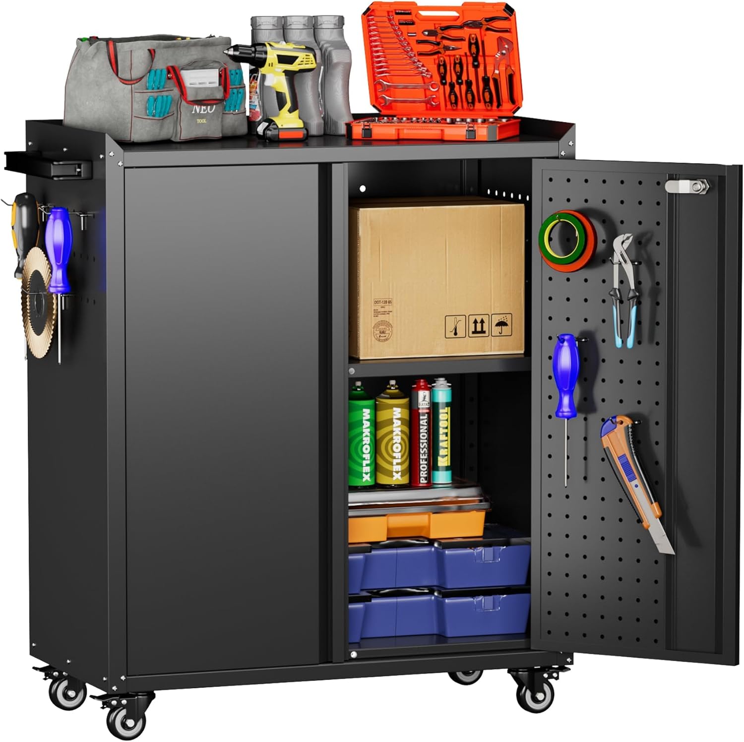 Aobabo 31.5" H Garage Storage Cabinet with Wheels,Lockable Metal Storage Cabinet with 2 Doors for Garage Home Office Storage,Black,Assembly Required