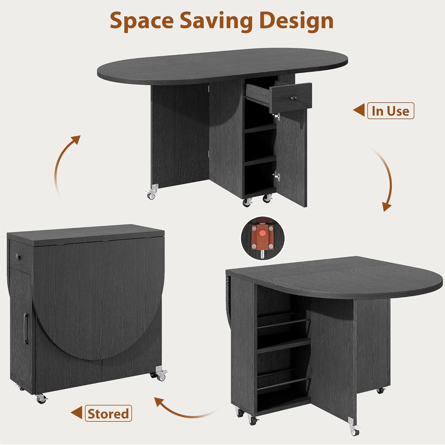 Jocoevol Round Folding Dining Table for 6, Space Saving Drop Leaf Kitchen Table with Storage Drawer, 6 Wheels Oval Gateleg Foldable Dining Table for Small Spaces (Black, 51" x 31.5" x 30")