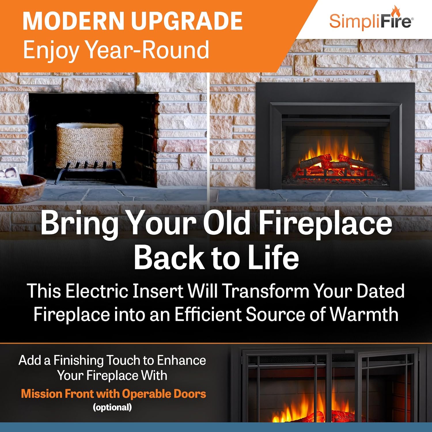 SimpliFire 35-Inch Electric Fireplace Insert, Large Black Surround, 44" x 32" (SF-INS35-SF-SI4432-INS35)