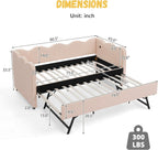 DEINPPA Twin Size Upholstered Daybed with Trundle, Gingham Daybed with USB Ports for Bedroom Living Room Guest Room-Pink