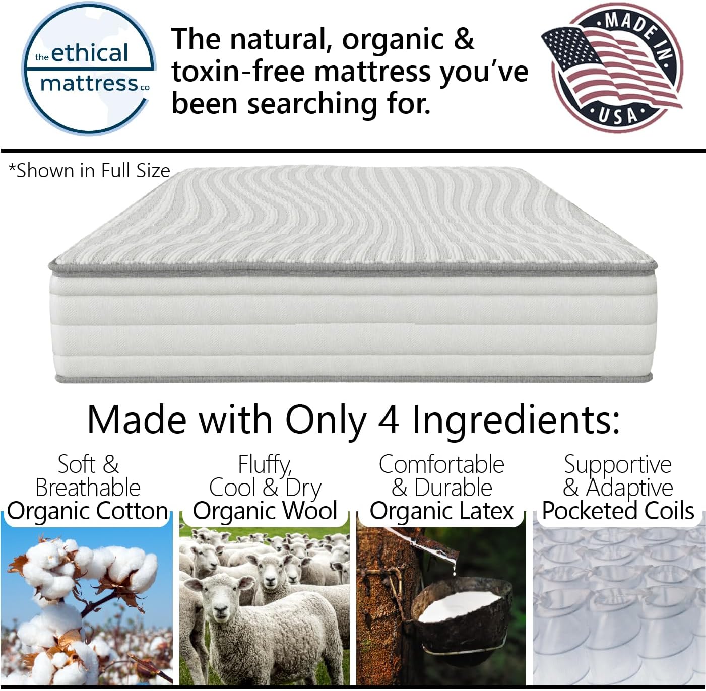 Ethical Mattress CO 10" Toxin-Free Hybrid Mattress, Made in The USA with Organic Cotton, Wool, Latex & Pocketed Coils (No Fiberglass or Polyfoams) Comfortable & Supportive Bed-in-Box - Queen Size