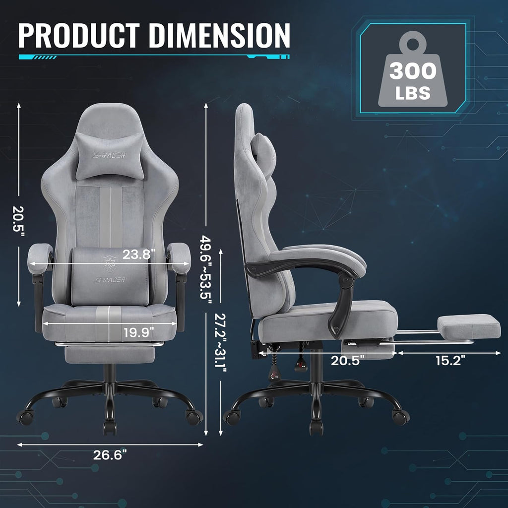 Homall Gaming Chair with Massage & Footrest, Ergonomic Computer Office Chair, High-Back Racing Style Reclining Chair with Adjustable Lumbar Support, Breathable Tech Fabric for Adults (Light Grey)