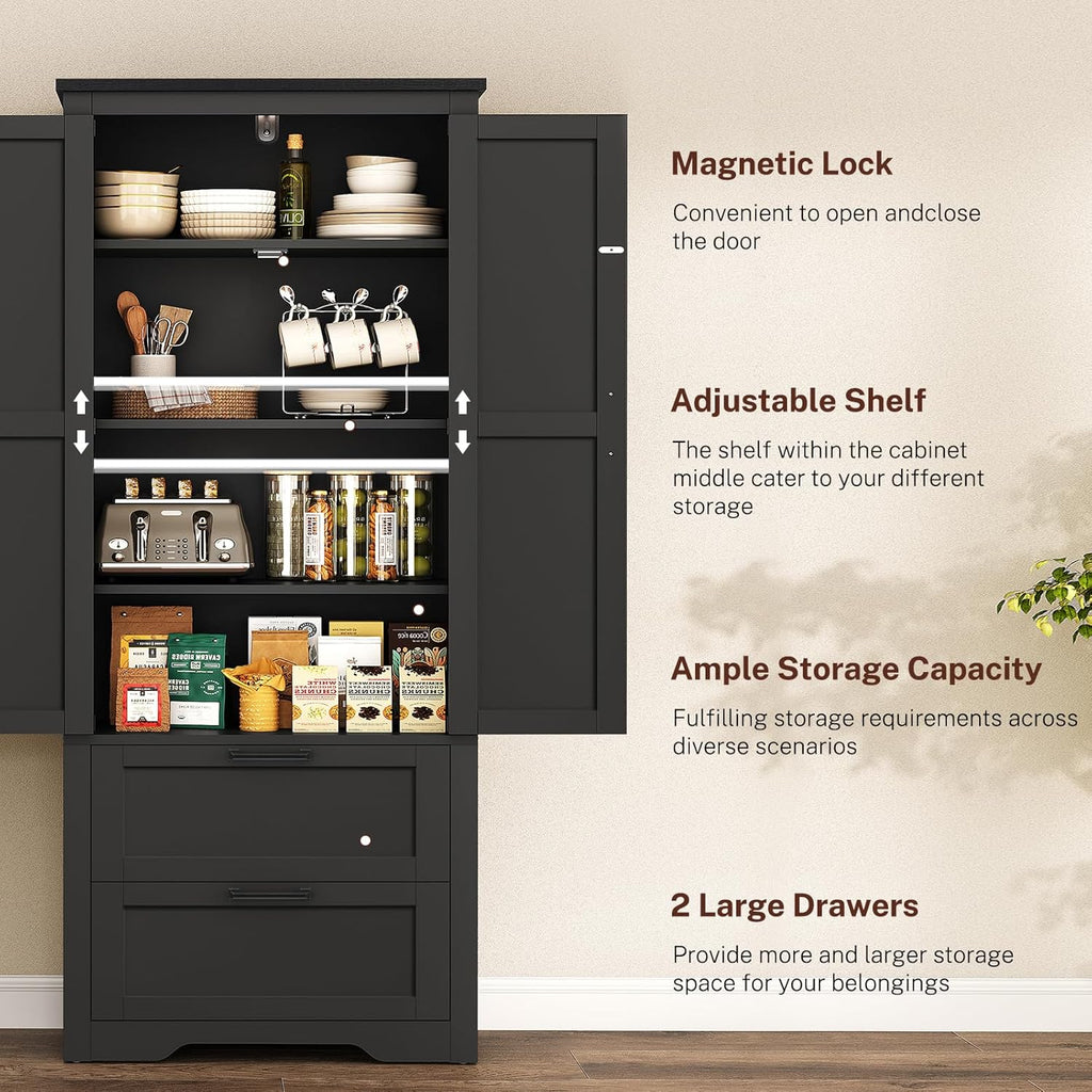 TEENFON 66.1" H Storage Cabinet, Farmhouse Kitchen Pantry Cabinet with 2 Drawers & Adjustable Shelf, Bathroom Cabinet, for Living Room, Kitchen, Bathroom, Black