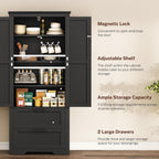 TEENFON 66.1" H Storage Cabinet, Farmhouse Kitchen Pantry Cabinet with 2 Drawers & Adjustable Shelf, Bathroom Cabinet, for Living Room, Kitchen, Bathroom, Black