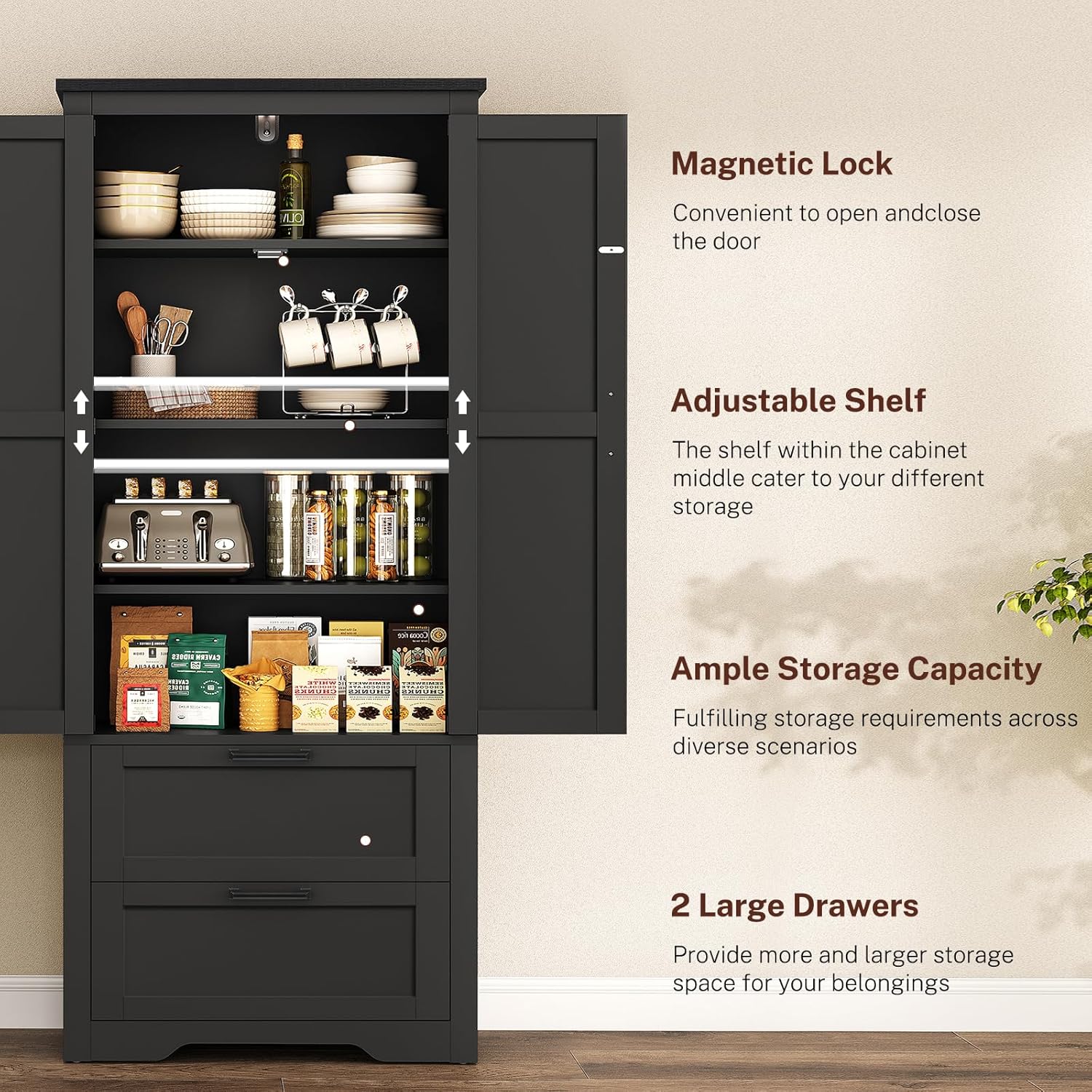 TEENFON 66.1" H Storage Cabinet, Farmhouse Kitchen Pantry Cabinet with 2 Drawers & Adjustable Shelf, Bathroom Cabinet, for Living Room, Kitchen, Bathroom, Black