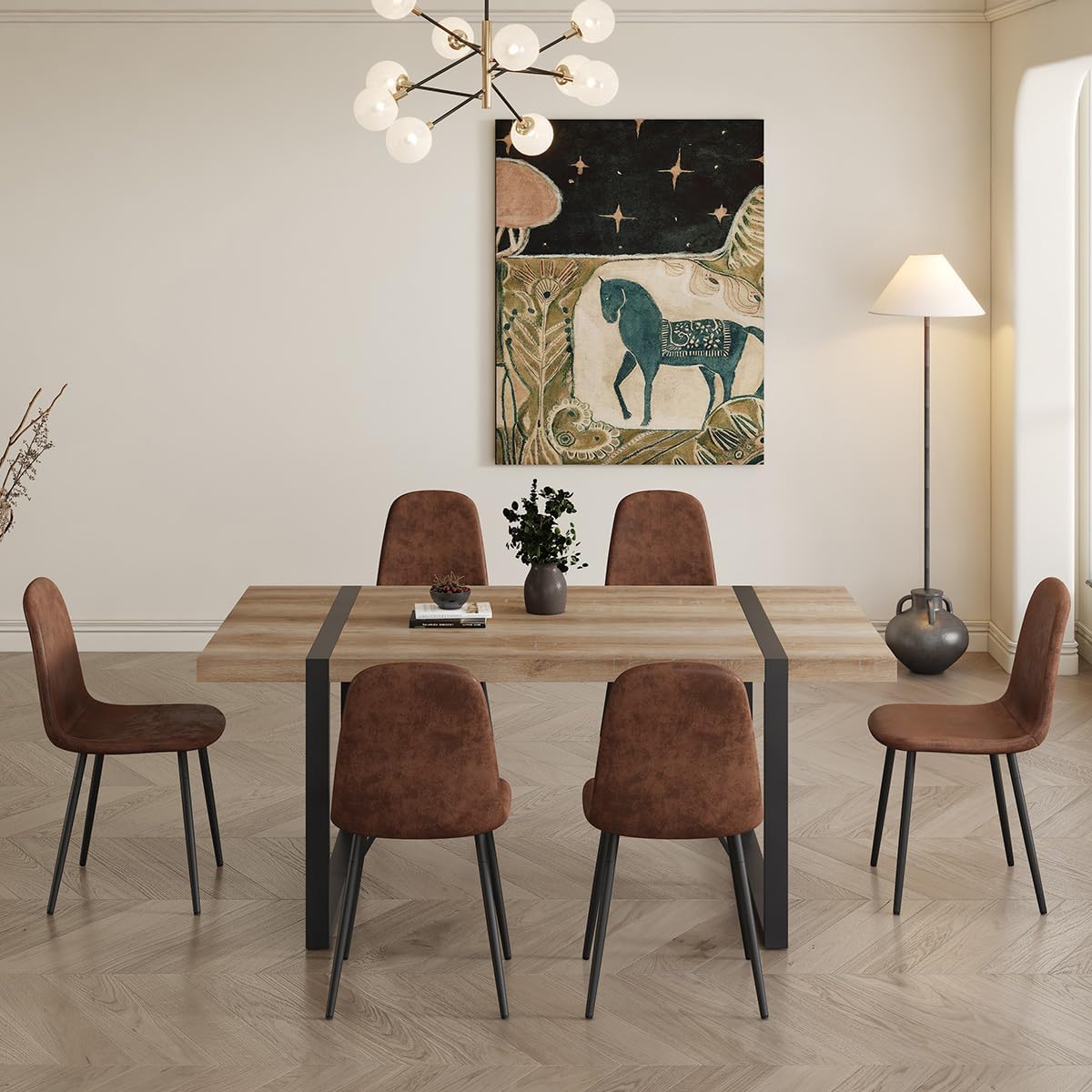 7 Piece Dining Table Set .Dinner Table Set for 6 .71'' Kitchen Table and Suede Nap Fabic Chairs Set of 6 .6 Chair Dining Table Set for Kitchen Dining Room