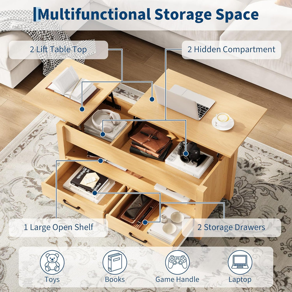 GarveeHome Coffee Table Lift Top, Convertible Coffee Table with Wooden Lift Tabletop, 2 Drawers and Hidden Compartment, Central Table with Storage for Living Room Home Office, Natural